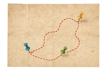Vintage crumpled map with push pins marking a journey route, showing travel planning, navigation, and adventure concepts