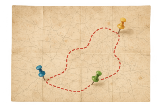 Vintage crumpled map with push pins marking a journey route, showing travel planning, navigation, and adventure concepts