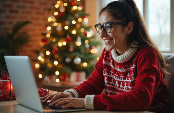 Young woman wearing glasses and red sweater video calls on laptop with Christmas tree and gifts. She smiles, connecting with loved ones during holiday season at home indoors.