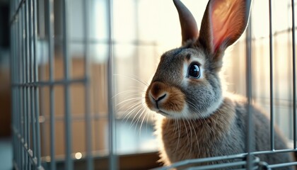 Obraz premium Small rabbit sits in transport cage behind metal bars. Pet looks out from carrier box, waiting for vet appointment. Bunny appears calm, curious.