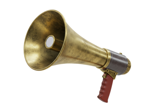 Isolated megaphone for announcements, antique-style vintage metallic bullhorn speakerphone