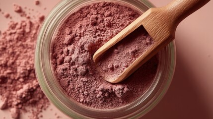 Natural pink powder displayed in a glass jar with a wooden scoop, highlighting the essence of organic beauty products in a clean and minimalist environment