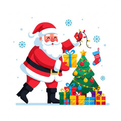 Cheerful Santa Claus decorating Christmas tree with colorful presents  