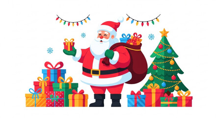 Fototapeta premium Santa Claus holding a gift with Christmas tree and presents around 