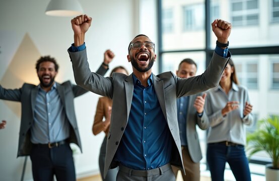 Multiracial business team cheers, raising fists in triumph. Diverse colleagues celebrate successful project completion with joy. People celebrate win, work achievement and teamwork.