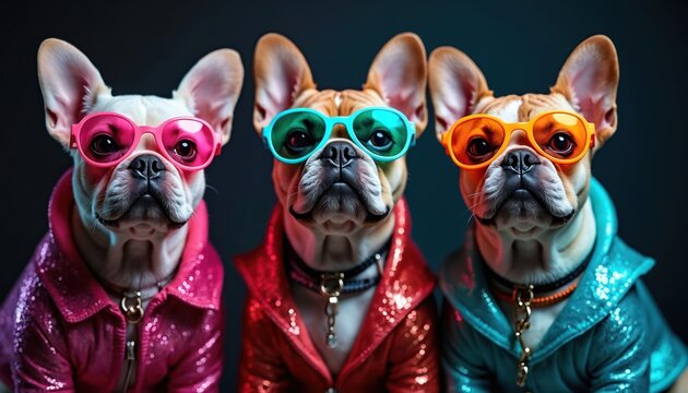 Three French bulldogs wear shiny sequin outfits and colorful sunglasses posing together in neon lights. They look cool and stylish for a party or event with a retro vibe.