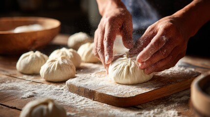 Hands expertly shape dumplings on a wooden surface dusted with flour showcasing culinary skill.