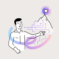 illustrations people are holding a workshop. Workflow, growth, graphics. Business development, milestones, start-up. linear illustration Icons infographics. Landing page site print poster. Line story