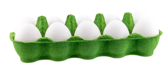 isolated white chicken eggs in green cardboard carton