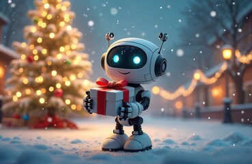 Cute robot with glowing eyes holds gift box with red ribbon. Snow falls gently on festive decorated street with christmas tree and lights. Future holiday.