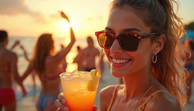 Smiling woman in sunglasses holds tropical drink at beach party with friends dancing at sunset. People enjoy summer vacation celebrating on sand near ocean water.