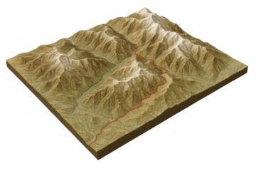 Topographic map display, visualizing mountain landscapes with valleys, peaks, and a winding red trail. Geographical data concept