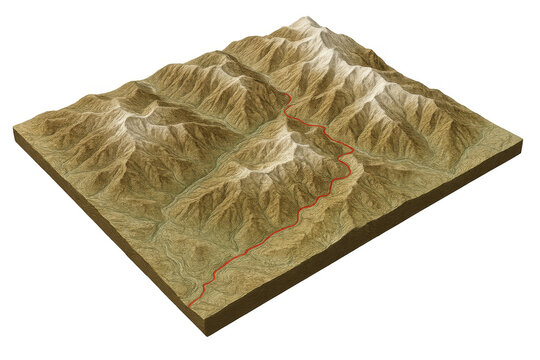 Topographic map display, visualizing mountain landscapes with valleys, peaks, and a winding red trail. Geographical data concept - Powered by Adobe