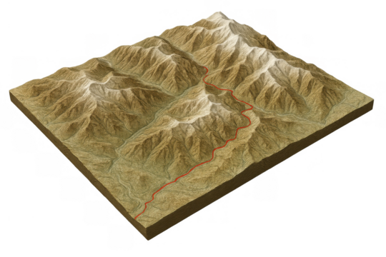 Topographic map display, visualizing mountain landscapes with valleys, peaks, and a winding red trail. Geographical data concept - Powered by Adobe