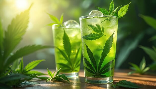 Two glasses of green herbal drink with cannabis leaves and ice cubes. Refreshing beverage with mint, served outside on a wooden table under sunlight. Natural relaxation aid.