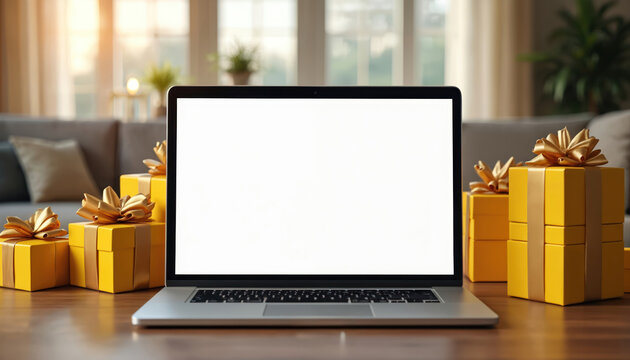 Laptop mockup with blank screen. Yellow gift boxes with gold ribbons next to the computer. Cozy living room background. Ideal for website or advertising design. Holiday gifts online.