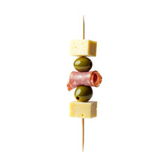 Gourmet Cheese and Meat Skewers with Olives. Transparent background