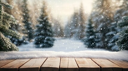 Warm wooden planks covered in soft snow create a cozy foreground for a magical winter forest scene with falling snowflakes, perfect for holiday promotions.