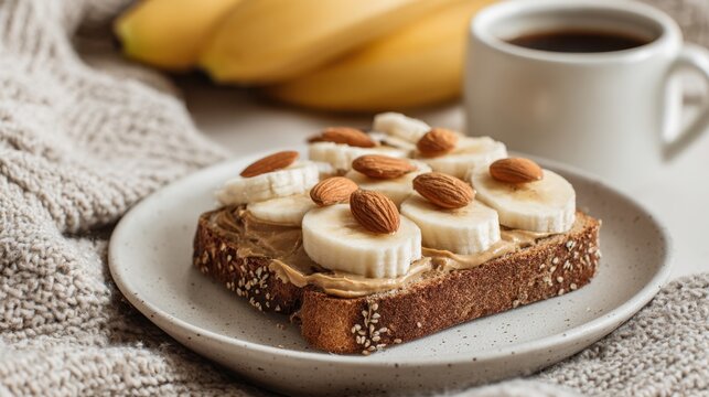 A warm plate features peanut butter toast topped with banana slices and almonds alongside a cup of coffee. - Powered by Adobe
