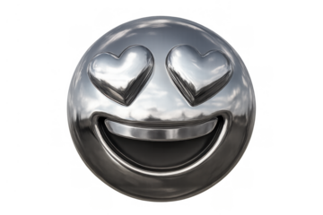 Chrome metallic heart-eye emoji radiating love and joy on a transparent background, depicting digital communication and emotion