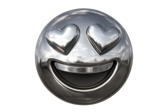 Chrome metallic heart-eye emoji radiating love and joy on a transparent background, depicting digital communication and emotion - Powered by Adobe