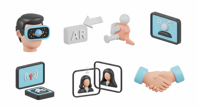 Set of playful illustrations for augmented reality and metaverse concepts. Hand drawn person wearing VR glasses with planet inside, AR arrow pointing to real object, digital twins, avatar creation. - Powered by Adobe