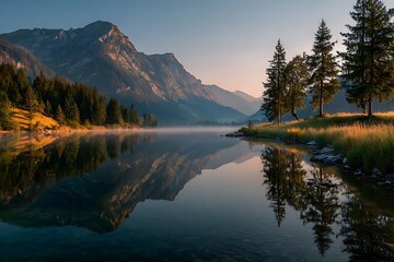 Serene mountain lake with pine trees reflecting in calm water at sunrise in peaceful natural alpine landscape