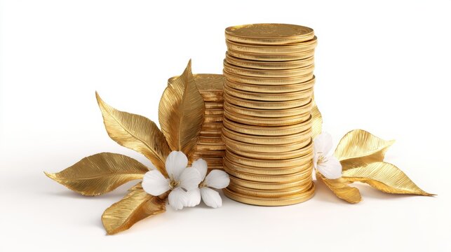 Stacks of shiny gold coins are arranged elegantly alongside golden leaves and delicate white flowers, showcasing a luxurious theme perfect for finance or celebration.
