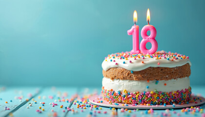 Eighteen candles burn on a festive birthday cake with white icing and colorful sprinkles. Two tier dessert sits on light blue table, ready for celebration. Party treat with pink number candles.
