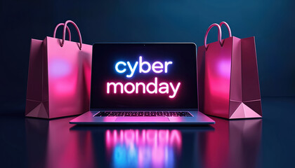 Laptop with neon Cyber Monday text between two pink shopping bags. Online buying and retail sale event concept. Digital shopping, great deals, and discounts.