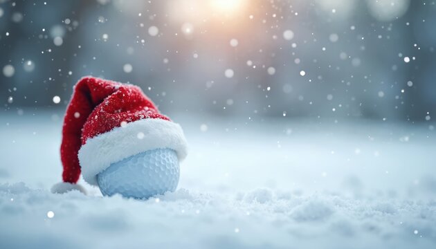 Golf ball with Santa hat sits in fresh snow, fluffy white flakes fall gently. Festive winter sport scene ideal for holiday greetings or seasonal promotions.