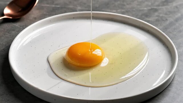 Close-up overhead shot of a single bright yellow raw egg yolk resting in clear egg white on a round white ceramic plate, with a copper spoon blurred in background