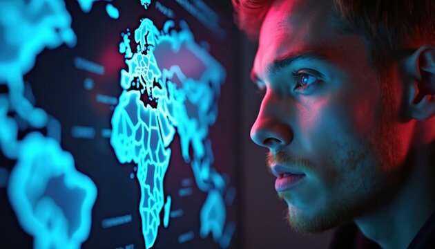 Man studies global map on futuristic screen. Analyst uses digital data for supply chain logistics and eco transport planning. Future business and tech strategy overview.