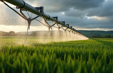 Automated spray irrigation system waters green farm field at sunset. Water sprinklers mist crop plants growing in agricultural land under dramatic cloudy sky, promoting growth.