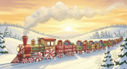 Whimsical Christmas Train Made of Gifts Traveling in Snow