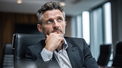 A man dressed in a suit thoughtfully considers ideas in a well lit conference room.