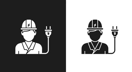 Electrician worker glyph icon with hard hat and power plug symbol.