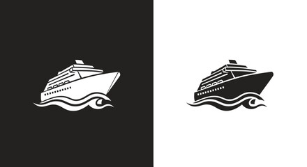 Logo Template Vector of a Stylized Cruise Ship and Ocean Waves in Minimalist Black and White