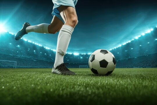 A soccer player running towards a soccer ball on a field in a brightly lit stadium at night time