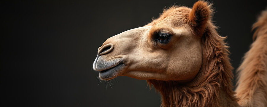 Close-up portrait of camel against dark background. Detailed texture fur, unique features. Image evokes desert landscapes, wildlife exploration, suitable for travel brochures educational materials. - Powered by Adobe