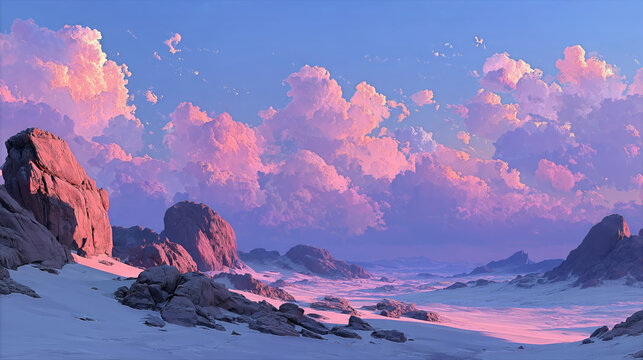 A vast alien-like desert with snow and towering rocks under dramatic pink and purple clouds during soft evening light.