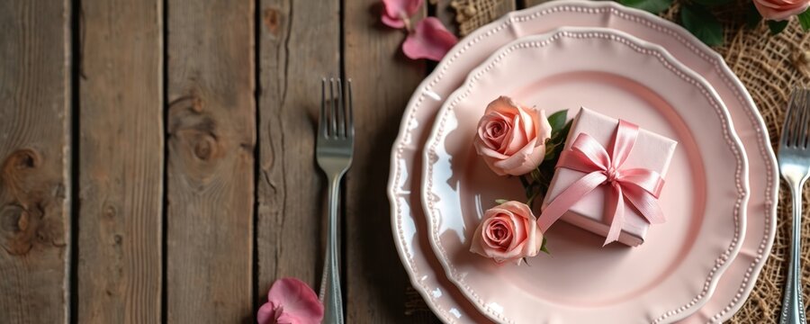 Table setting with pink plates, rose flowers, and gift box. Romantic mood for Valentine, Mother day, wedding celebration or special anniversary meal. Elegant rustic wooden background. - Powered by Adobe