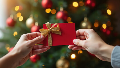 Hands hold festive red gift card with shiny golden bow. Decorated Christmas tree with shiny ornaments, bright lights blurs in background. Person gives present during winter holiday season. Celebrate