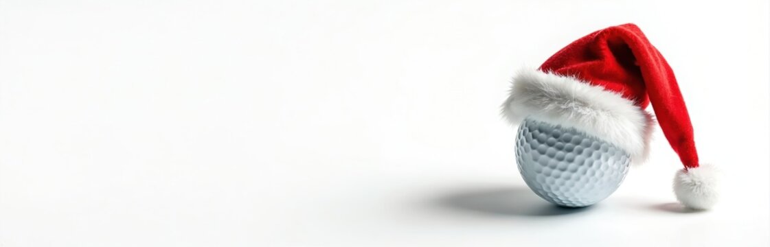 Golf ball with Santa hat rests on white surface. Festive accessory for winter sports advertising and New Year promotions. Fun holiday concept for seasonal campaigns. - Powered by Adobe