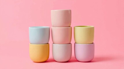 Obraz premium Nine ceramic cups in pastel colors are artfully stacked creating a cheerful and playful scene.