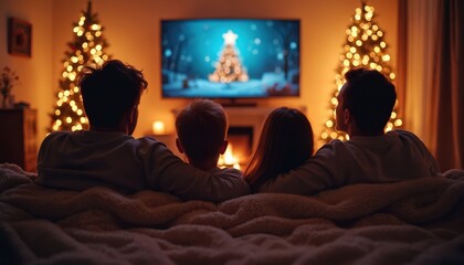 Family watches holiday movie at home on TV. Parents and kids relax together under cozy blanket. Christmas trees glow with festive lights in dark room. They enjoy winter evening, feeling warm.