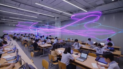 Modern Classroom with Students Using Laptops and Digital Technology, Featuring Abstract Data Visualization Overlay, Education and Future Technology Concept - Powered by Adobe