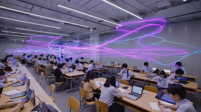 Modern Classroom with Students Using Laptops and Digital Technology, Featuring Abstract Data Visualization Overlay, Education and Future Technology Concept - Powered by Adobe