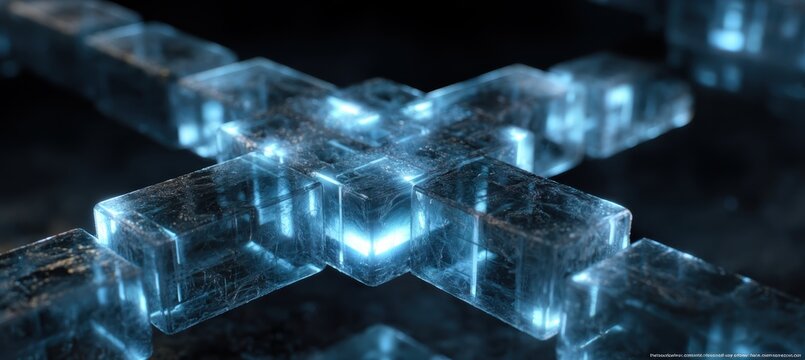 Abstract blockchain pattern with glowing blue interconnected cubes texture