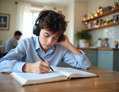 Young boy wears headphones, writes in book at table. Studies homework, concentrating on school task. Teenager learns, focused on education. Kid prepares lessons. Young student academic work, male